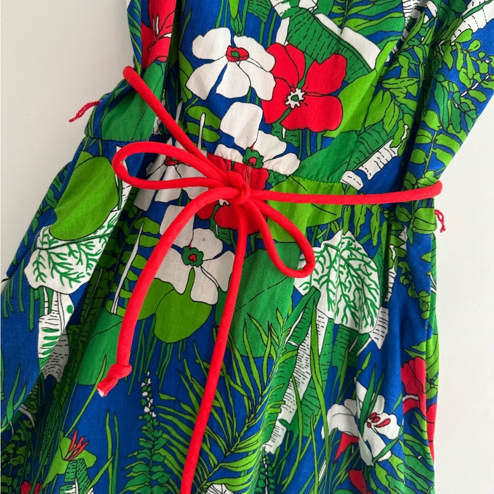 Jenni Vintage 1970s Blue and Green Floral Midi Dress with Red Accents - Picture 3 of 10